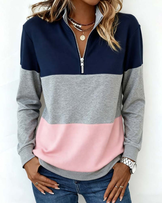 Long-Sleeved Half-Zip Color-Blocked Sweatshirt