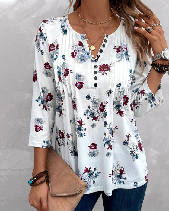 Floral print button elegant blouse
