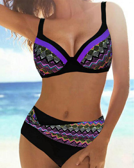 Striped print high waist push up bikini