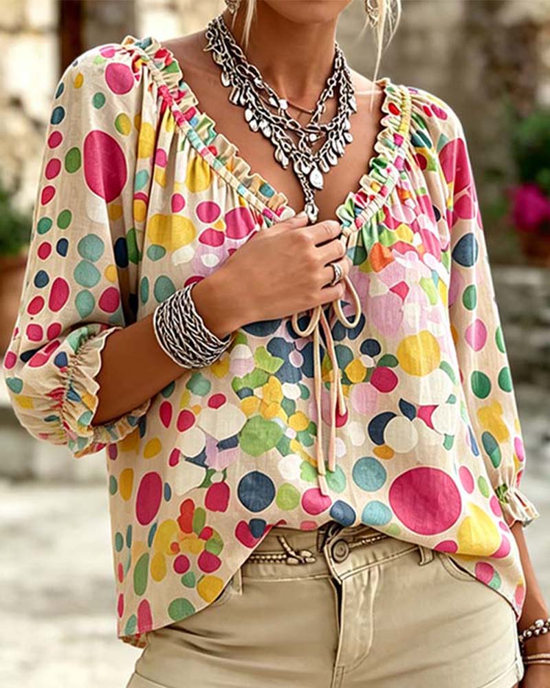V-Neck Polka Dot Lace Up Blouse