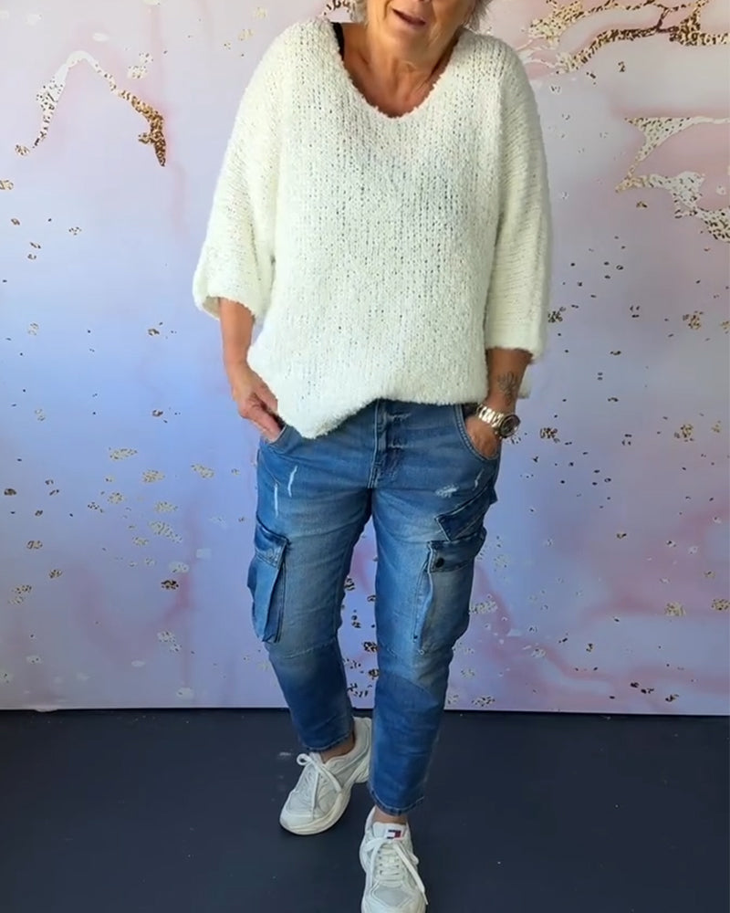 V-neck solid color casual pullover sweater