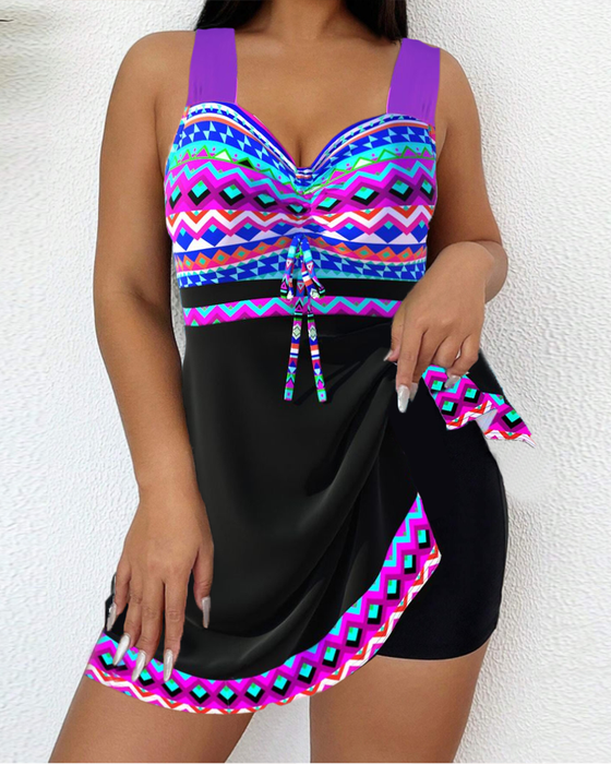 Striped printed lace-up swimsuit