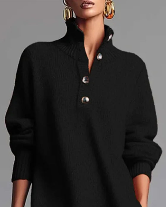 Solid Color Button High Neck Dress