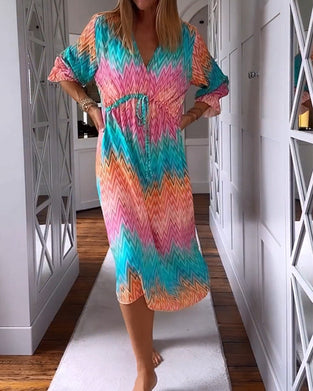 Color block printed v-neck dress