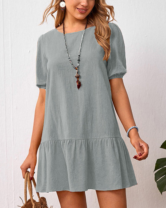 Cotton Linen Dress with Puff Sleeves