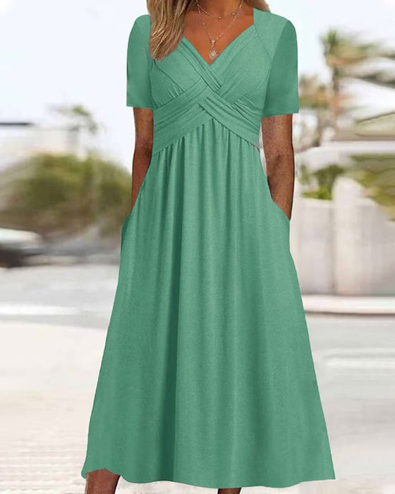 Solid color v neck dress