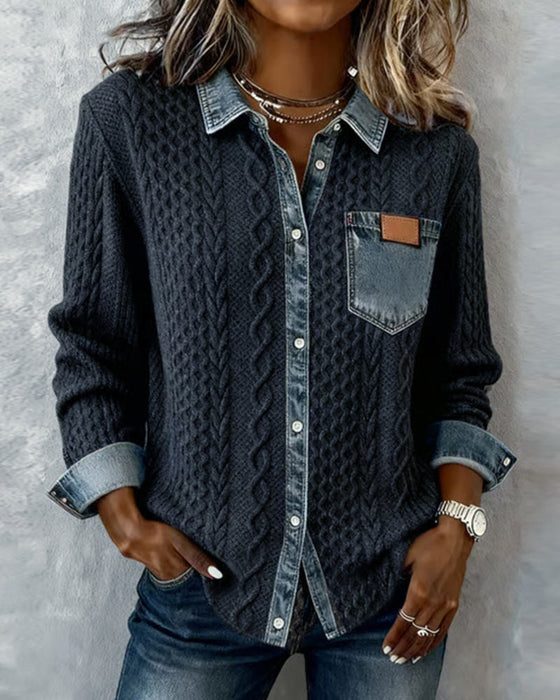 Long-Sleeved Denim Patchwork Shirt