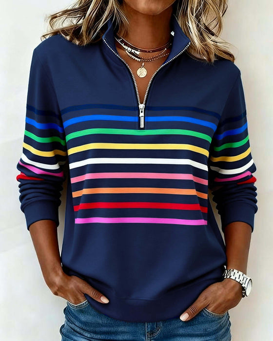Half-Zip Collar Fashionable Rainbow Striped Sweatshirt