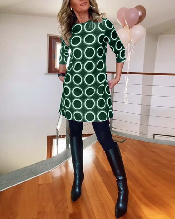 Round neck circle print casual dress