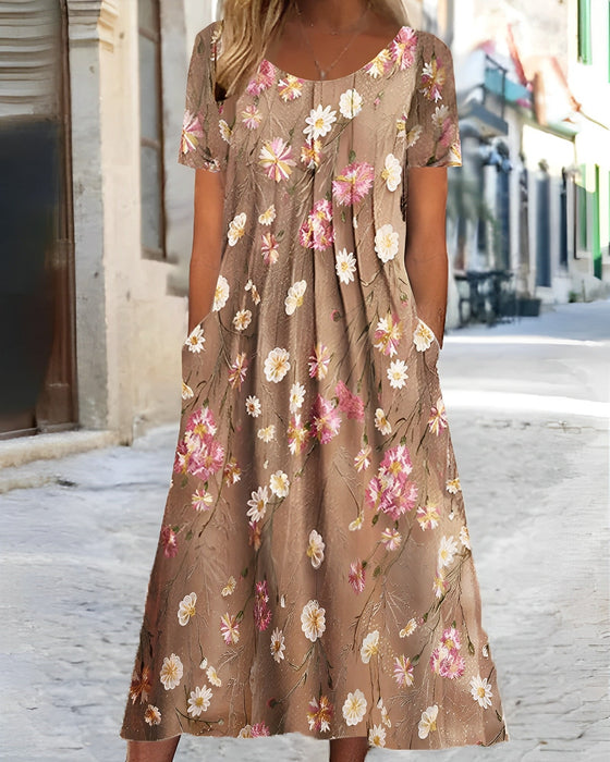 Round neck floral print short sleeve dress