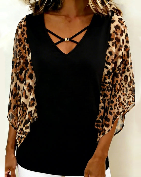 Batwing sleeve leopard print patchwork blouse