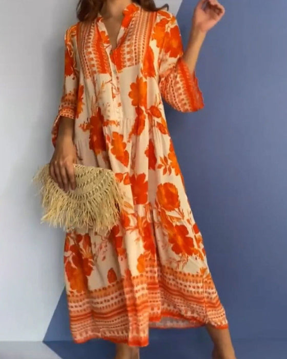 Fallen leaves print casual long dress