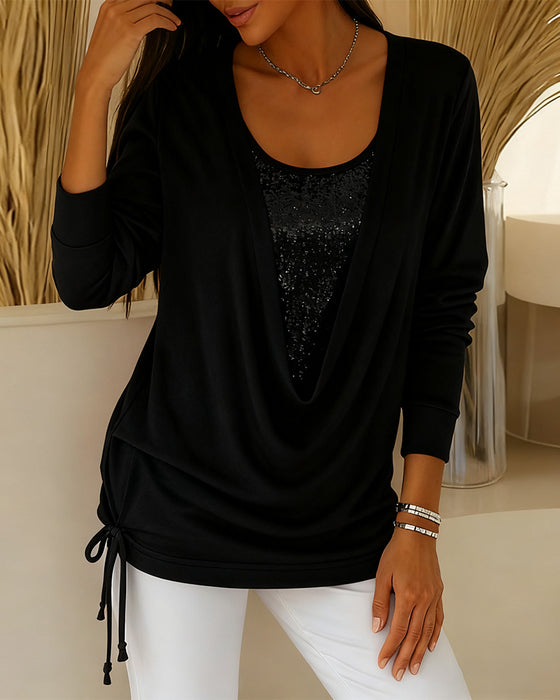 Sequin Contrast Color Faux Two-Piece Top