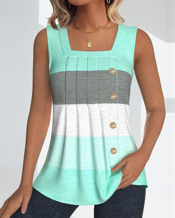 Striped button pleated tank top