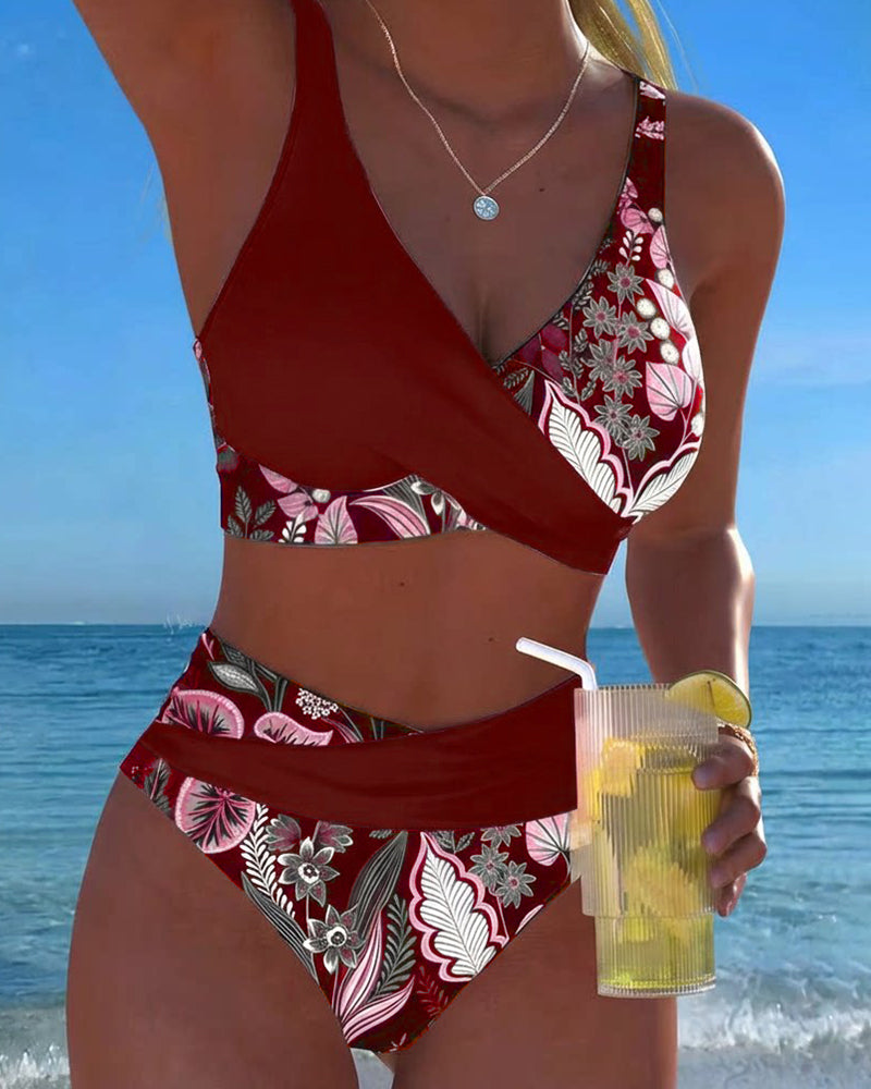 Contrast Color Fashion Floral Bikini