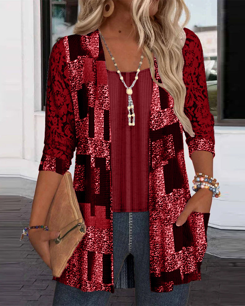 Faux Two-Piece Printed Long-Sleeved Blouse