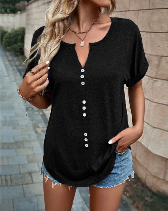 V-neck Hollow Out T-shirt with Short Sleeves