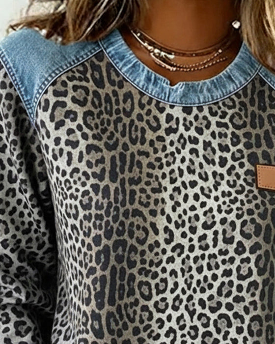 Leopard Print Denim Patchwork Sweatshirt