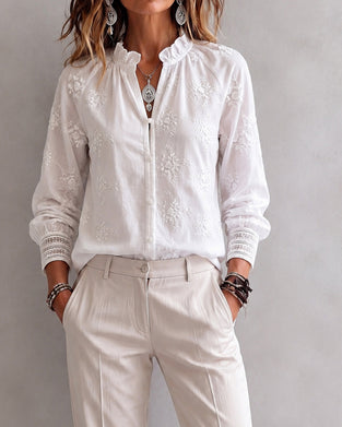 Ruffle Edge Mandarin Collar Blouse