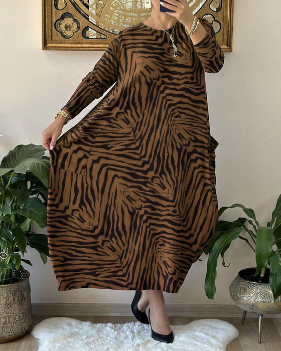 Fashion Loose Shift Dress with Print and Pocket