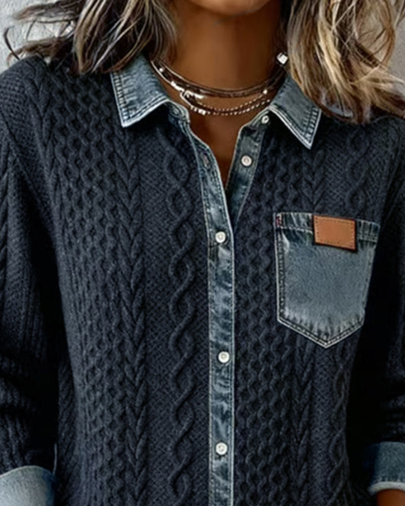Long-Sleeved Denim Patchwork Shirt