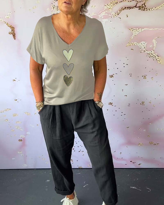 V-neck short-sleeved heart blouse