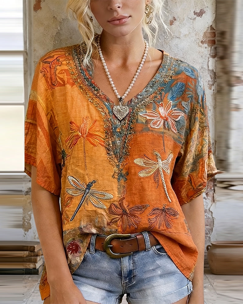 Vintage Dragonfly Print Casual Blouse