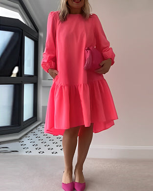 Solid color round neck long sleeve dress