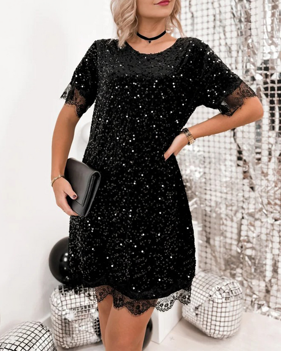 Patchwork Sequined Short-Sleeved Dress