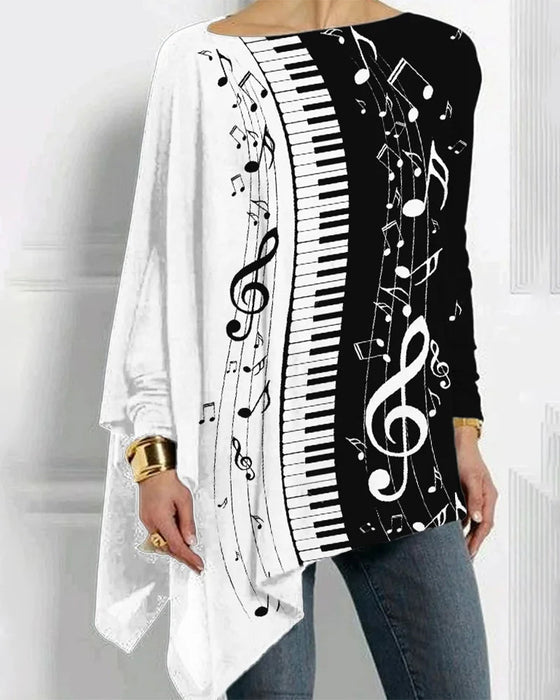 Piano print irregular long sleeve top