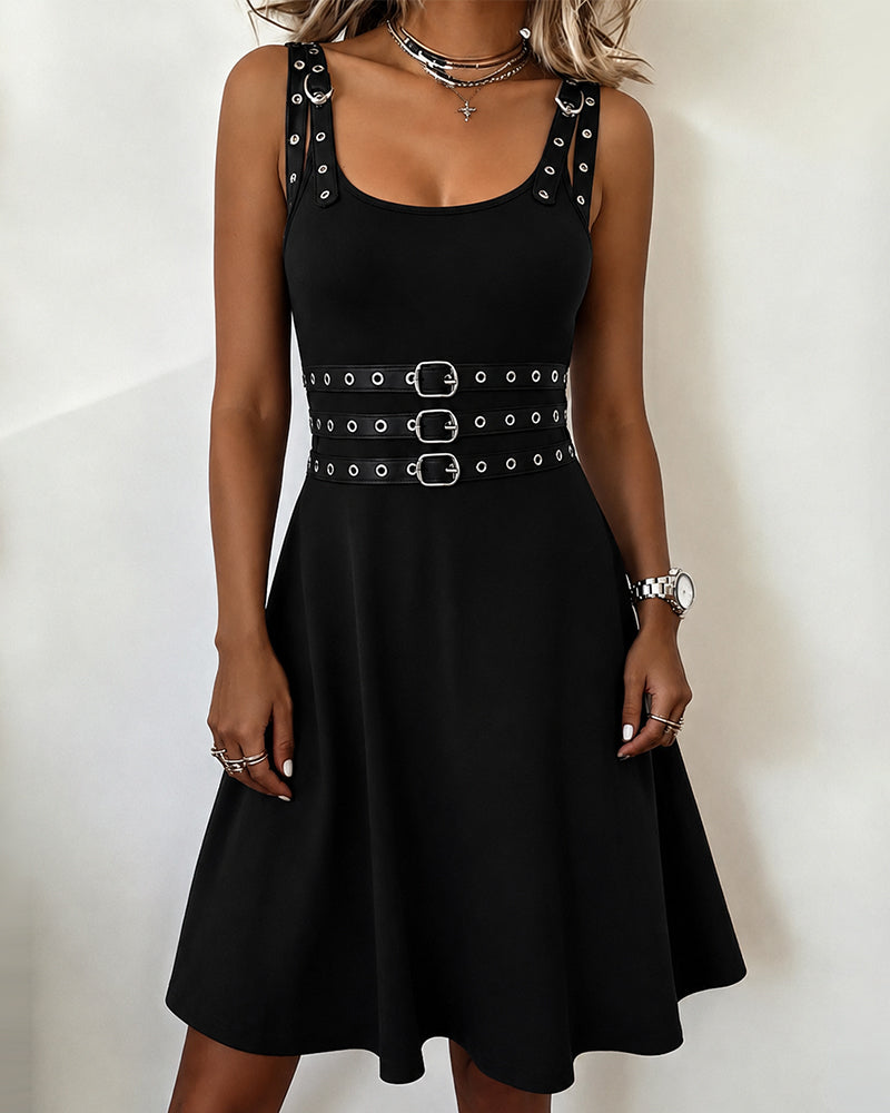 Square Neck Strappy Metal Ring Sleeveless Dress
