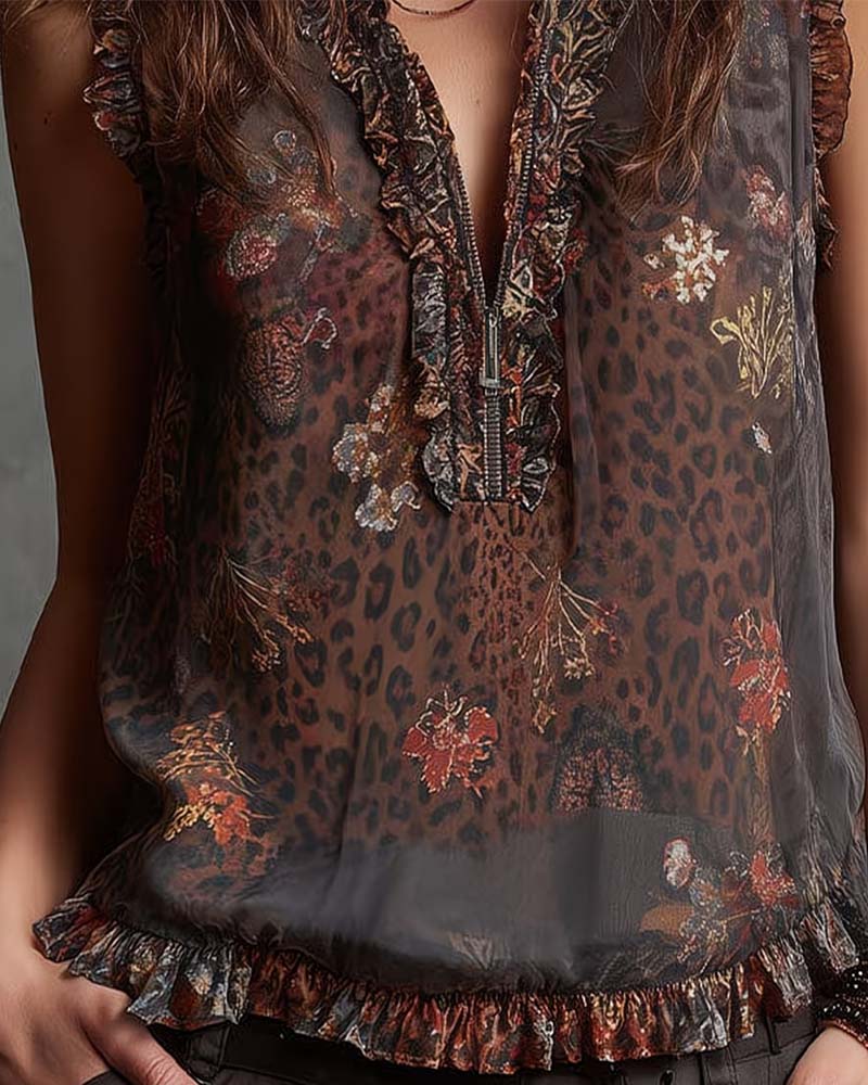 Vintage Color Leopard Print Ruffle Tank Top