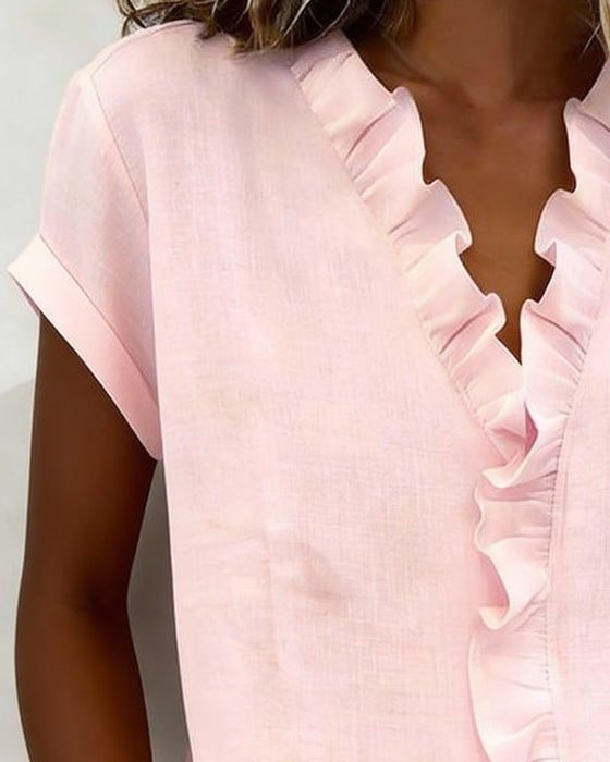 Pure Cotton Short-Sleeved Blouse With Ruffled Collar