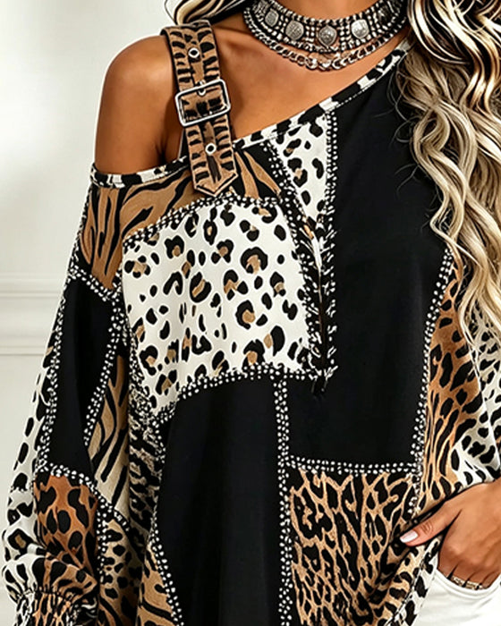 Leopard Print Patchwork Asymmetric Neck Long Sleeve Blouse