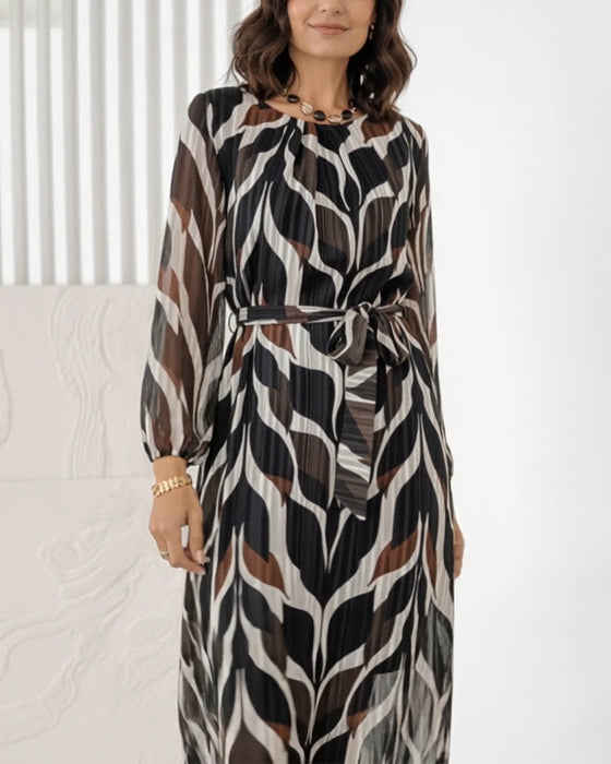 Crew Neck Tie-Waist Printed Dress
