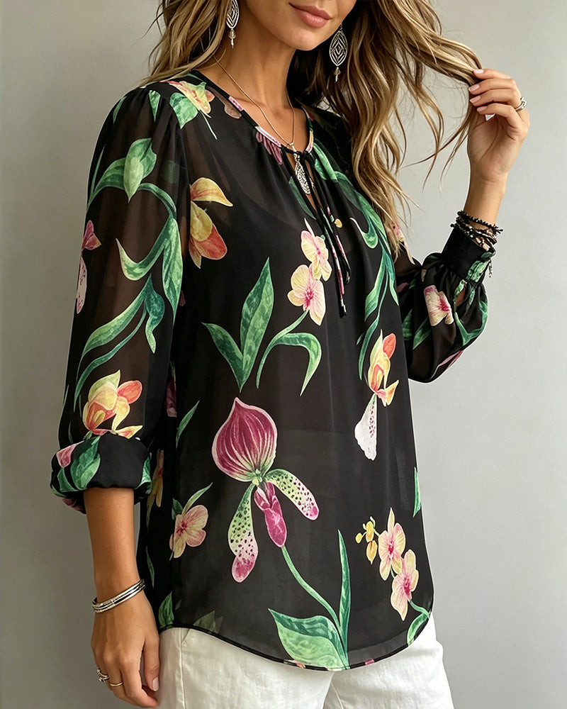 Lantern Sleeve Round Neck Tie Printed Blouse
