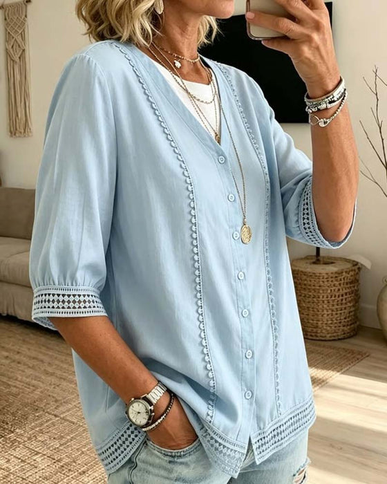 V-Neck Button Lace Blouses
