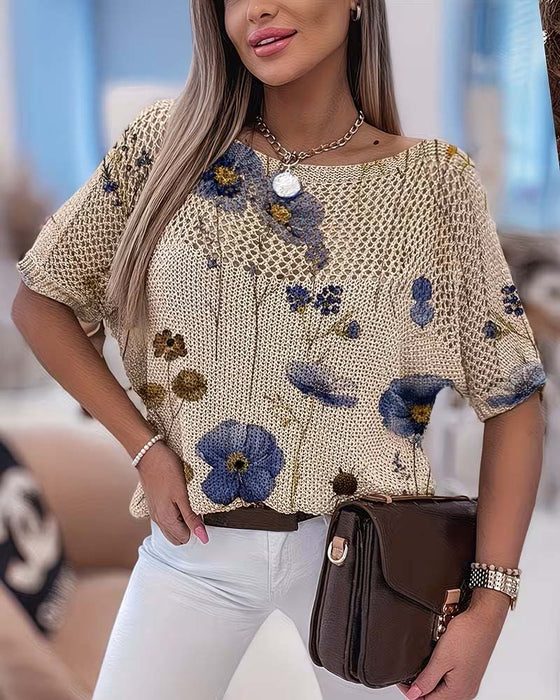 Crew Neck Floral Hollow Out Loose Pullover