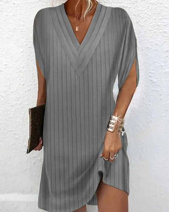 Casual solid color slit sleeves V-neck dress