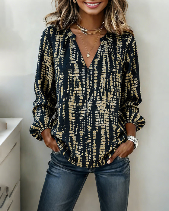 Stand-Collar Long-Sleeved Printed Top