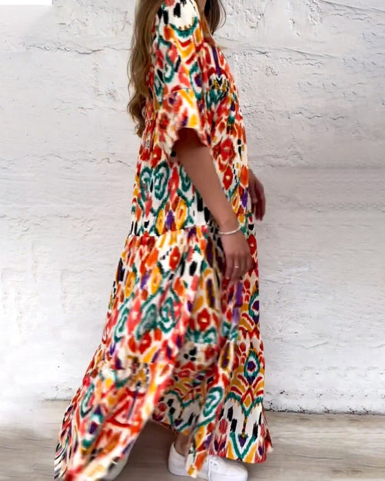 Color Print A-Line Dress with V-neck