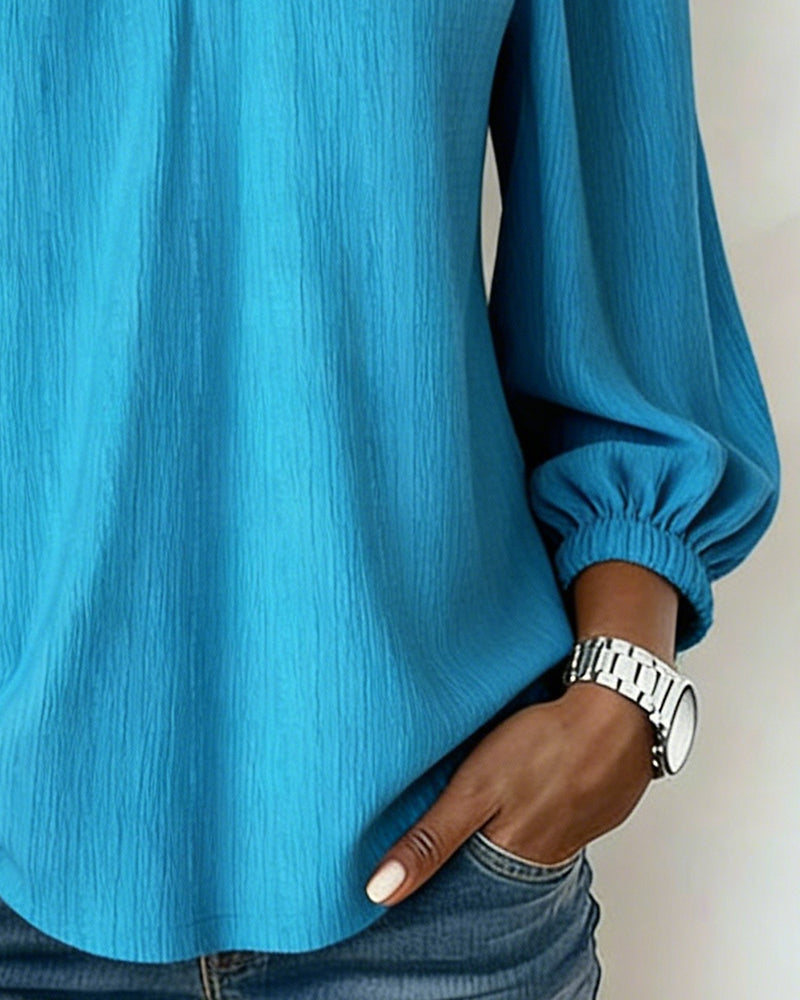 V-Neck Button-Down Ruffled Lantern Sleeve Top