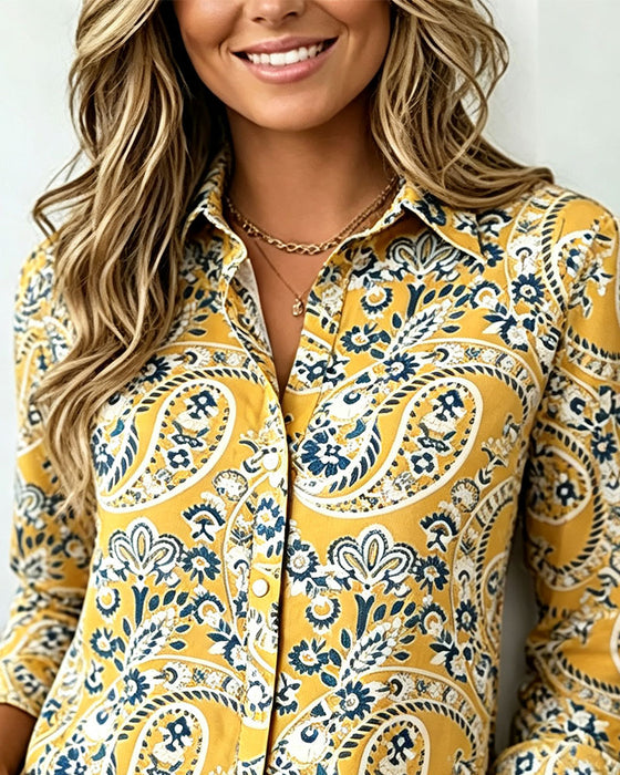 Lapel Paisley Long Sleeve Shirt