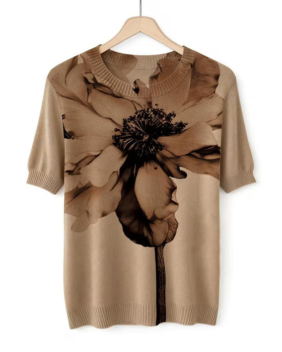 Flower Pattern Knit Short Sleeve Pullover