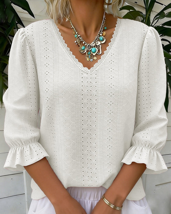 Elegant V-Neck Lace Cut-Out T-Shirt