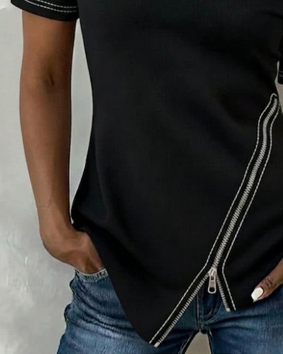 Off-Shoulder Zip Irregular T-Shirt