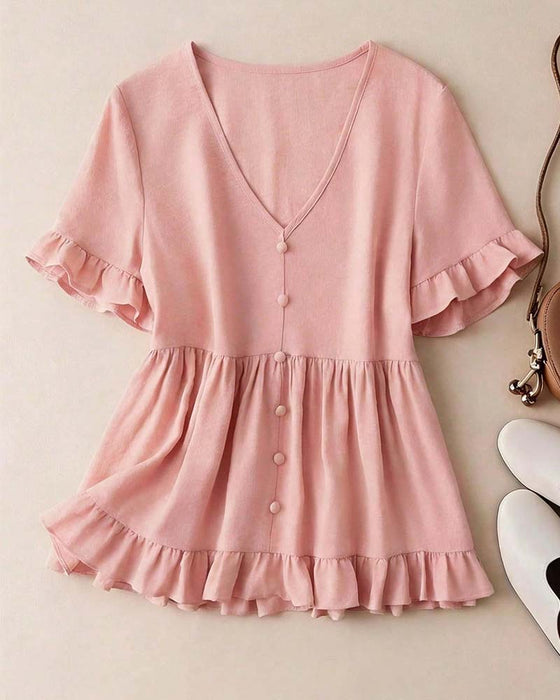 V-Neck Ruffle Pearl Button Blouse