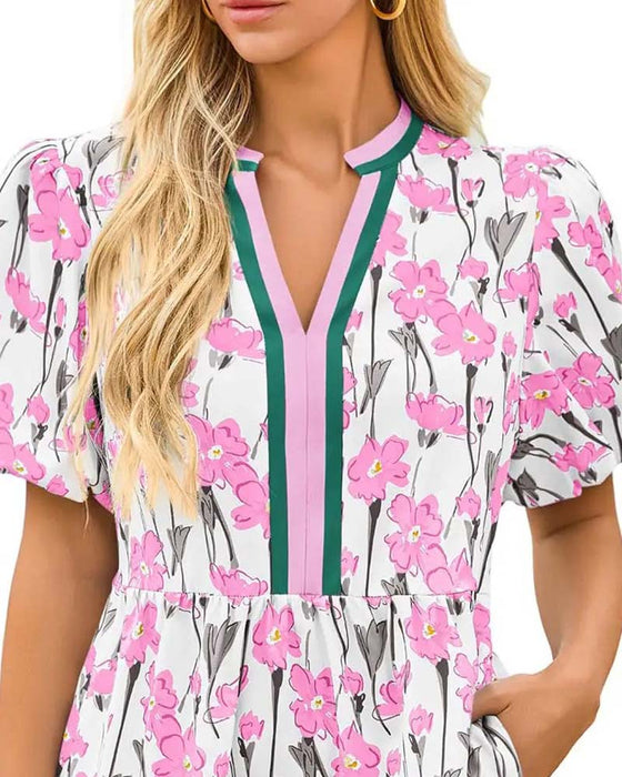 V-Neck Floral Bubble Sleeve Patchwork Dress