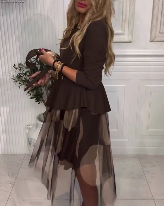 Metal Buckle Belt Lace Patchwork Dress