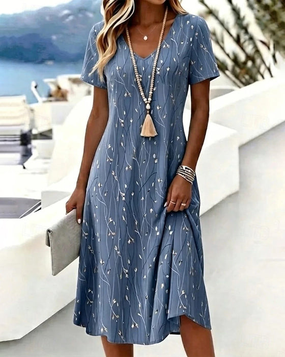 Short-Sleeved V-Neck A-Line Dress